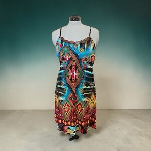 Bisou Bisou Aztec Geometric Tribal Print Dress w/Wood Beaded Neckline Women’s 12